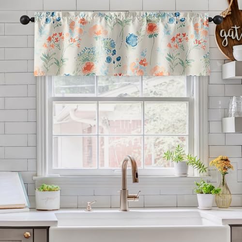ugoutry 100% Blackout Flower Printed Cafe Window Valances, Bedroom Privacy Protect Light Filtering Pocket Small Curtain Valance, Red Blue Watercolor Bathroom Window Topper, 18 Inch Length, 1 PC