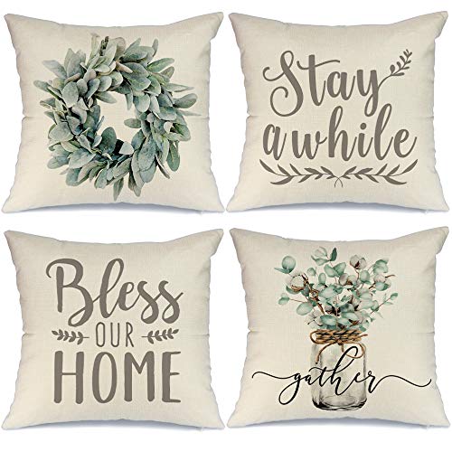 GEEORY Farmhouse Decor Pillow Covers 18x18 Inch Set of 4 Eucalyptus Wreath Bless Our Home Decorative Throw Pillow Covers Stay a While Cushion Case Pillow Case for Couch Sofa