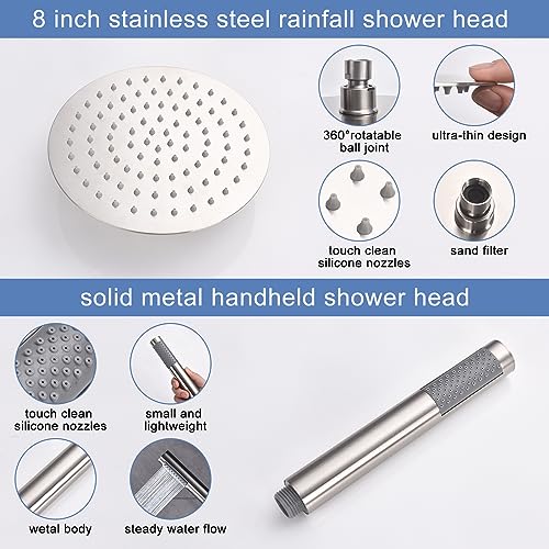 Rain Shower Head With Handheld Combo Set, Bathroom Shower System with Rough-in Valve, With Adjustable Extension Arm & 3-Way Diverter & Wall Mounted Shower Fixtures (8"round, Brushed Nickel)