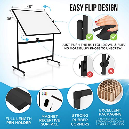 Large Mobile Rolling Whiteboard on Wheels (48x36") Includes Big Flipchart Pad, Magnetic Planners, and More! Portable Double Sided Dry Erase Magnetic White Board with Stand, Stain Resistant Technology