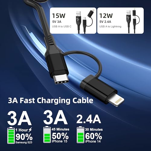 USB to USB-C and Lightning Cable 2 in 1 Support Apple Carplay & Android Auto [MFi Certified] 3A Fast Charge & Data Sync,Short Coiled Lightning and USB C Cable for iPhone 16/15/14/13/12/Android-Black