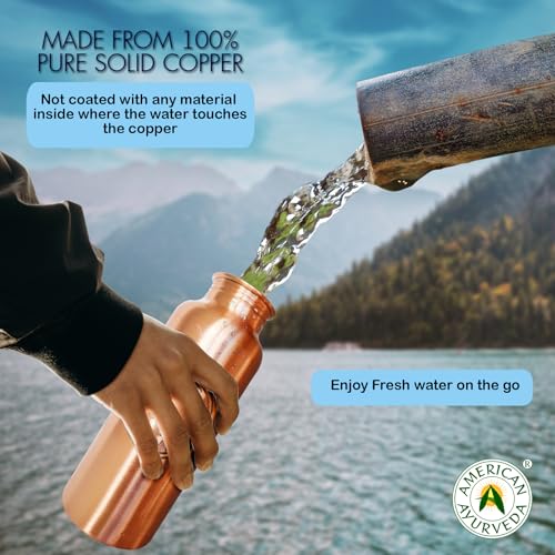 A American Ayurveda 100% Pure Copper Water Bottle for drinking, Jointfree, Leakproof, Natural Ayurveda Health Benefits, Copper bottle, Alkaline Water 600ml (20Oz) Capacity