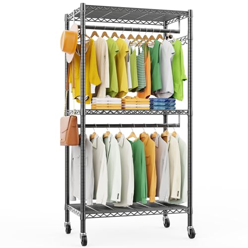 LEHOM G1L 3 Tiers Garment Rack with Storage Shelves, Heavy Duty Rolling Free-Standing Clothing Rack Closet Organizer with Double Rods/Lockable Wheels & 2 Pairs Side Hooks, Max Load 450 LBS, Black