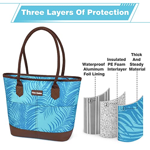 Tirrinia Large Insulated Lunch Tote Bag for Women, Cute Waterproof Leakproof Cooler Bag with Zipper for Work, Beach, Adult Shopping Grocery Bags for Frozen Food - Blue Stripe