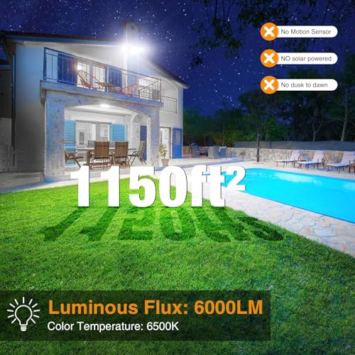 Onforu 2 Pack 60W Flood Lights Outdoor, 6000LM LED Floodlights Switch Controlled, IP65 Waterproof Exterior Lighting Fixture with 3 Adjustable Heads, 6500K Security Light for Eave Garage Yard