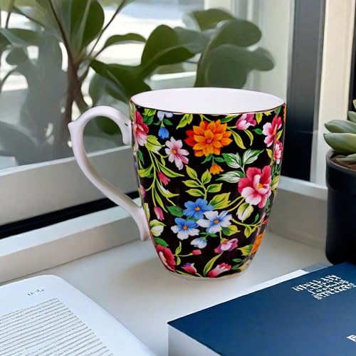 PMNING 14oz Floral Mug Porcelain Coffee Tea Cups - Novetly Floral Coffee Mugs Flower Coffee Mugs for Women Men - Christmas Birthday Gifts for Dad Mom Brother Friend(Black)