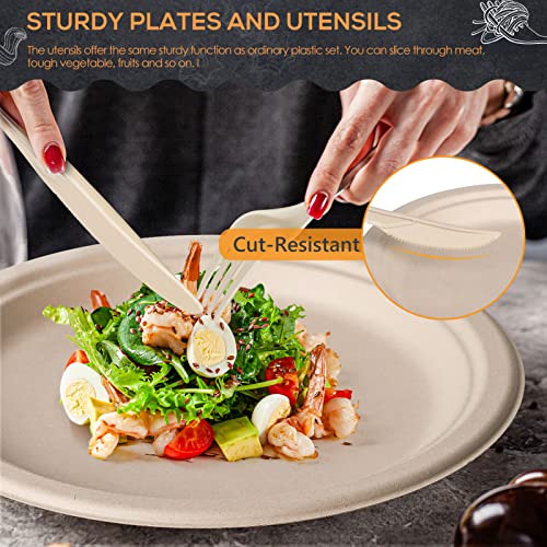 Gezond 250Pcs Disposable Paper Plates Set, Compostable Plate Sugarcane Utensils Eco Friendly Dinnerware Kit Includes 50 Biodegradable Plates, Forks, Knives and Spoons for Brithday Party Camping