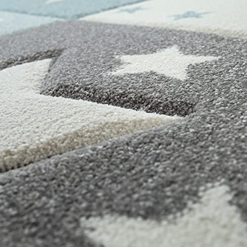 Paco Home Kids Rug for Nursery Checkered with Dots & Stars in Blue White Grey, Size: 2'8" x 4'11"