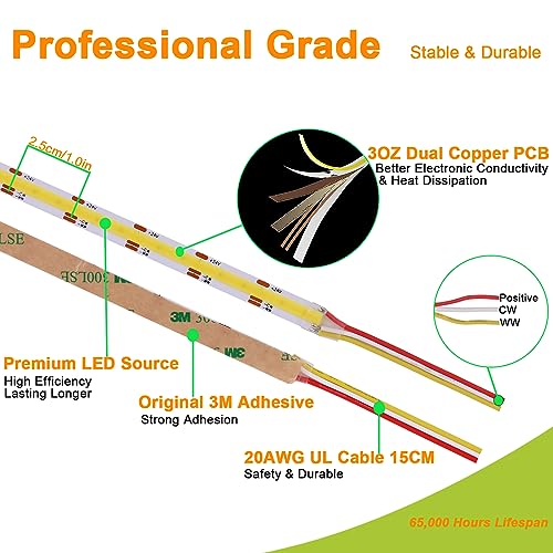 JOYLIT 24V COB CCT LED Strip Light Waterproof 16.4FT/5M 640LEDs/M 2700K-6000K, UL Listed PRO CRI 92+ LED Tape 10000lm Super Bright 90W Dimmable Warm White to Cool White Tunable Light Strip