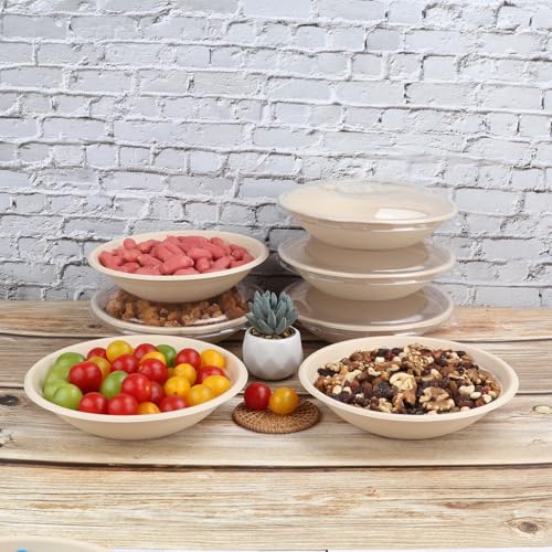 JAYEEY 24 oz Round Disposable salad bowls with lids, Sugarcane Fiber Paper Bowls take away food containers Plant Fibers Freezer Safe 50 Pack