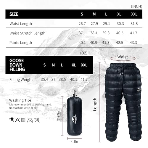 Naturehike DW Down Pants, Men's Women's Pants for Winter, 800FP Warm Windproof Puffy Pants, Hiking Pants for Men & Women