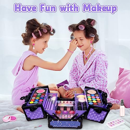 Hollyhi 62Pcs Kids Makeup Kit for Girl, Washable Play Makeup Toys Set for Dress Up, Beauty Vanity Set with Cosmetic Case Birthday Toys for Girls 3 4 5 6 7 8 9 10 11 12 Year Old Kids Toddlers (Purple)