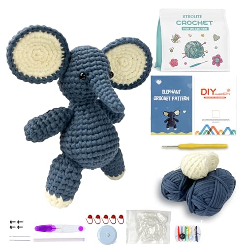 STROLITE Crochet Kit for Beginners, Elephant Crochet Animal Kits for Adults and Kids, with Step-by-Step Video Tutorials, Knitting Kit Starter Pack, DIY Knitting Supplies, Amigurumi Crochet Kit Gifts