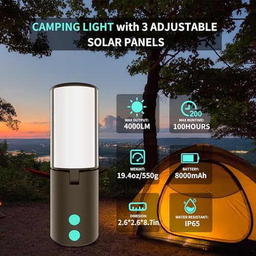 JINHODY Camping Lantern, 8000mAh Rechargeable, LED Lantern for Power Outages, 4000LM Solar Lantern Camping Lights for Hanging Tent, Indoor Outdoor Home Emergency, USB Charging, Flashlight, 3 Lighting