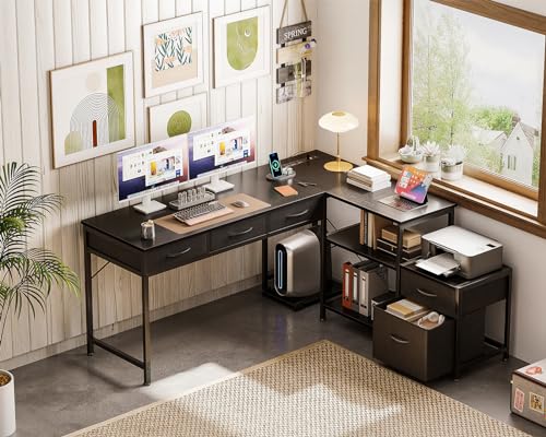 AODK L Shaped Computer Desk with Fabric Drawers and File Cabinet, 53" Reversible Home Office Workstation Desk with Power Outlets & Host Stand, Corner Gaming Table with Storage Shelves, Black