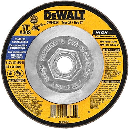 DEWALT DW8452H T27 Stainless Steel Cutting/Grinding Wheel, 5/8-11 Arbor, 4-1/2-Inch by 1/8-Inch