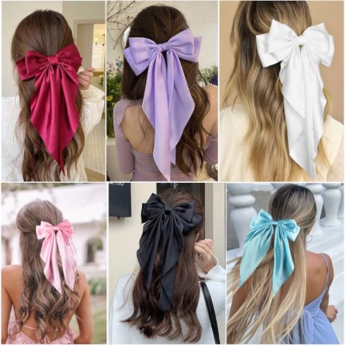 Wdnew 3Pcs Large Satin Hair Bows for Women - Bow Clips, Hair Barrettes and Accessories (3 count, Black Pink White)