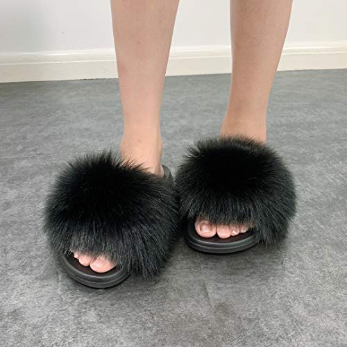 Hangrui Women's Faux Fur Slides, Open Toe Cute Fur Slippers, Comfortable Fur Sandals With Fluffy Fur (Black1, numeric_6)