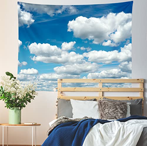 CORFOTO 60x40in Fabric Blue Sky Tapestry White Clouds Wall Picture Tapestry Wall Hanging Blue Sky Wall Tapestry for Bedroom Aesthetic Living Room College Dorm Decor Study Room Window Decor Wallpaper