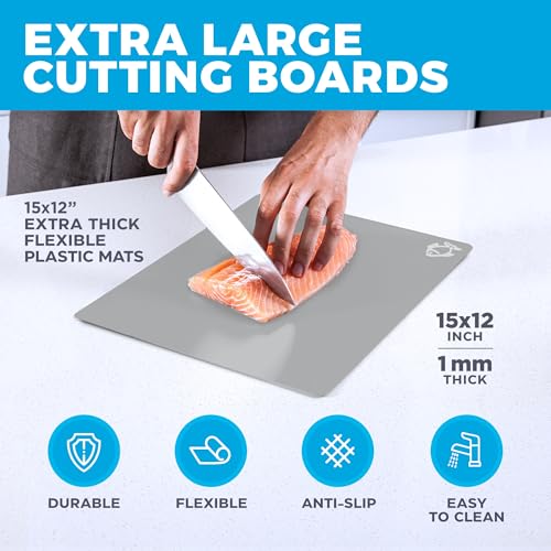 Extra Thick Flexible Cutting Mat Set With Food Icons & "EZ-Grip" Back (Set Of 4 Mats) - Flexible Cutting Boards for Kitchen - Flexible Plastic Cutting Board Set (Black and White)…