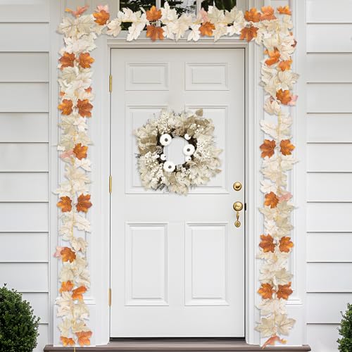 2 Pack Fall Maples Leafed Garland Fall Decorations for Home Total 11.8Ft Artificial Hanging Vine Fall Foliage Garland Fall Thanksgiving Decor Indoor Outdoor Mantel Party(Mixed Gray-White Brown)