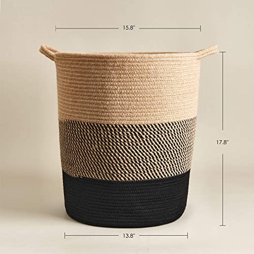 INDRESSME Laundry Basket Large Laundry Hamper, Woven Baskets for Storage, 17.8" x 15.8" x 13.8", Wicker Laundry Basket for Living Room, Dirty Clothes Basket, Baby Hamper for Nursery, Black & Jute