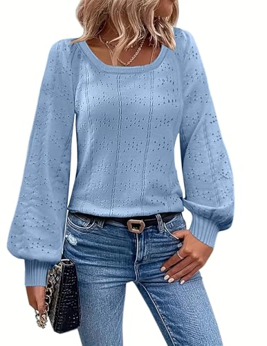 HOTOUCH Sweaters for Women Puff Long Sleeve White Lightweight Casual Square Neck Crochet Knit Cozy Pullover Blouse Top