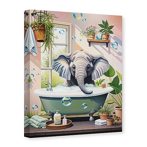 DOARTDO Elephant Bathroom Canvas Wall Art Funny Animal Pictures Print Elephant in Bathtub Painting Pink Background Toilet Decor Frame (11.00" x 14.00", Elephant - 2)