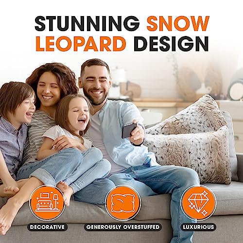 Cheer Collection Faux Fur Throw Pillows with Inserts – Set of 2 Decorative Square Couch Pillows, 12” x 20” Snow Leopard Embossed Ombre Design for Sofa, Bed & Living Room Decor