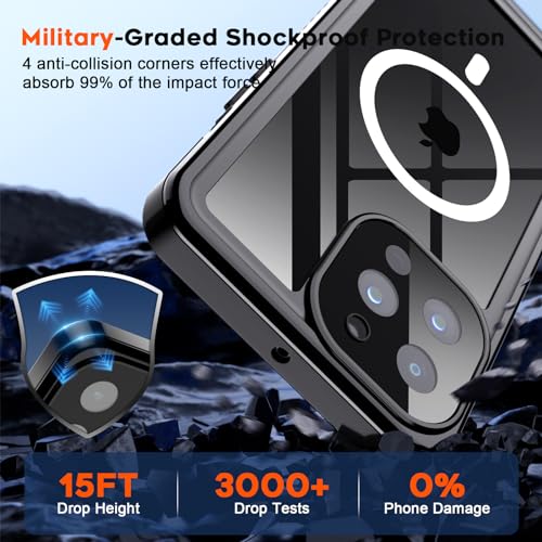 SUPFINE Magnetic for iPhone 12 Waterproof Case,[Built-in Screen Protector][IP68 Underwater][15FT Military Dropproof][Compatible with MagSafe] Full Body Heavy Duty Shockproof Phone Case-Black/Clear