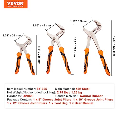 VEVOR 3-Piece Groove Joint Pliers Set, 12/10/8 inch, Heat-Treated High Carbon Steel Water Pump Pliers, Button Quick Adjustable Pliers for Home Repair, Gripping, Nuts, Bolts, Pipes, Fittings