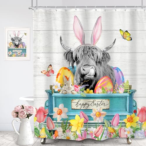 SVBright Farmhouse Highland Cow Shower Curtain 60Wx72L Inch Wildflower Cow Shower Curtain Bull Rustic Cattle Funny Western Curtains Truck 12 Hooks Polyester Waterproof Flower Bathroom Bathtub Panel