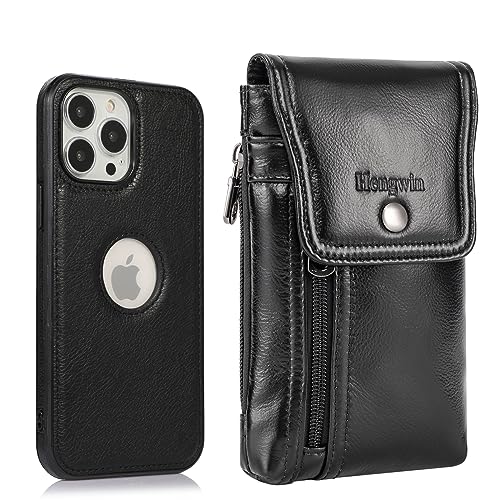 Hengwin 2 in 1 Leather Phone Pouch Case Compatible with iPhone 11 Pro, Cell Phone Holster with Belt Loop Belt Clip + Slim Phone Case [Drop Protection] (Brown)