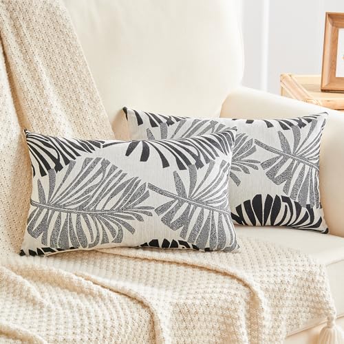 JELLYMONI Leaf Throw Pillow Covers, Decorative Couch Pillow Covers with Jacquard Design, Set of 2, Soft Breathable Cushion Cover Decor for Living Room Bedroom (12"x20", Black)