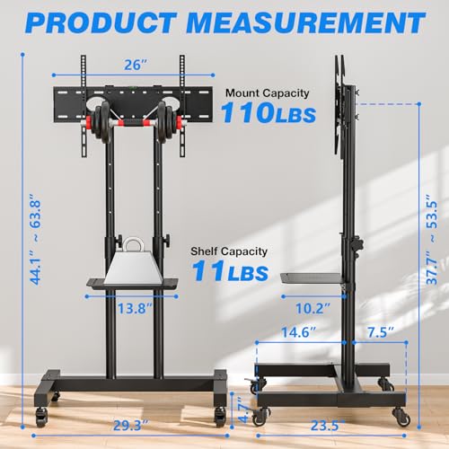 Mobile TV Cart for 32-80 Inch Screens up to 110 lbs, Height Adjustable Rolling TV Stand with Locking Wheels and Metal Shelf, Portable Outdoor Floor TV Stand Movable Monitor Holder for Home Office