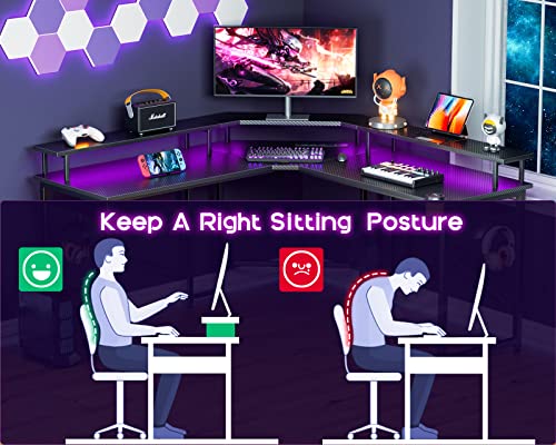 ODK L Shaped Gaming Desk with LED Lights & Power Outlets, 51" Computer Desk with Full Monitor Stand, Corner Desk with Cup Holder, Gaming Table with Hooks, Black