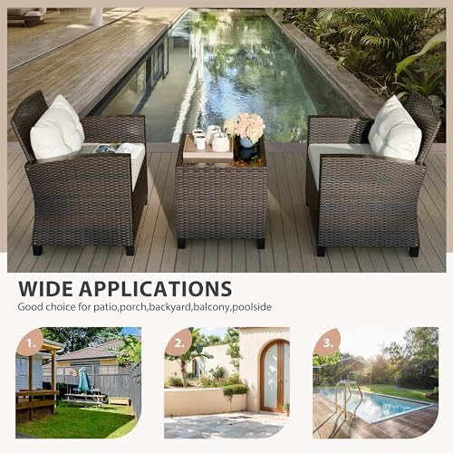Vongrasig 3 Piece Patio Furniture Set Small Outdoor Wicker Rattan Front Porch Bistro Set Cushioned Patio Chairs Conversation Set with Glass Table for Lawn, Garden, Backyard, Balcony, Poolside (Beige)