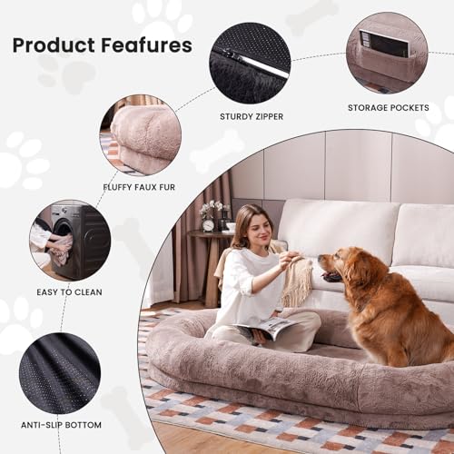 Human Dog Bed for Adult People 72"×48"×10" Giant Dog Bed for Adult Pet with Blanket and Storage Pocket, Washable Fur Cover, Camel