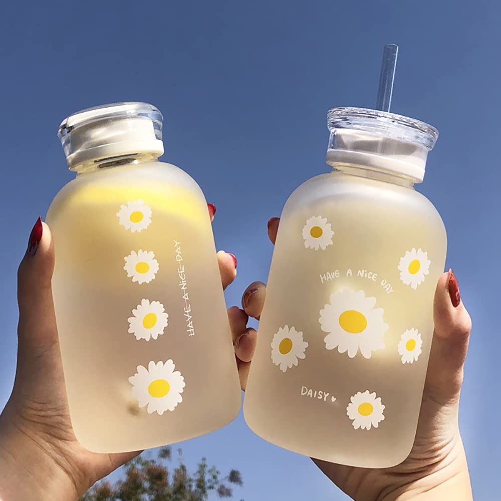 JZSMY 480ml Milk Juice Cute Water Bottle with Scale 2 Lids Little daisy Matte Portable Transparent Water Cup Glass Bottles Creative Handy Cup (1Pcs Six Flowers)