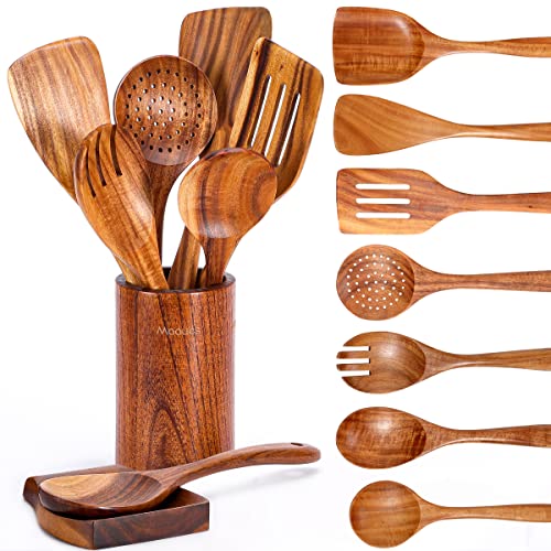 Mooues 9 Piece Natural Teak Wooden Kitchen Utensil Set with Spoon Rest - Comfort Grip Cooking Spoons and Utensils Holder