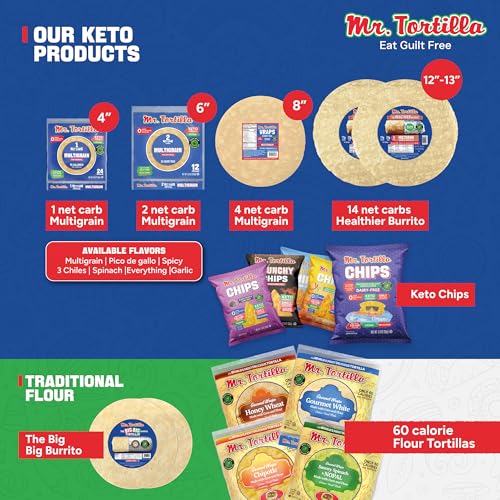 Mr. Tortilla Low Carb Keto Soft Taco Shells, Vegan Healthy Snacks & Bread Alternative, 1 Net Carb 15 Calories, Delicious Small Batch Kosher Wraps - (Spicy 3 Chiles, 24 Count)