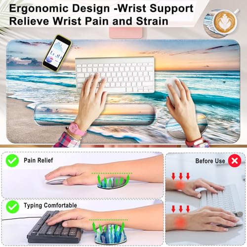 Keyboard Wrist Rest + Mouse Pad with Wrist Support + Desk Mat + Coaster 4 in 1 Set, XXL Large Gaming Mousepad Cute Ergonomic Mouse Pads for Desk Computer Laptop Office Decor-Vector Forest