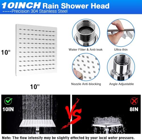 10 Inch Square Shower Head Rain Shower Head with Handheld Dual Filter for Hard Water 10 Setting Handheld Showerhead Built-in 2 Power Wash with 12" Extension Arm & Extra Cartridges