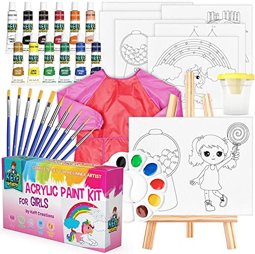 KEFF Acrylic Paint Set for Kids - Non Toxic Washable Paint - 32 Pcs Painting Kit for Kids with Blank & Pre-Drawn Canvas Boards, Wooden Easel, Brushes, Mixing Palette, Washing Cup & Pink Smock
