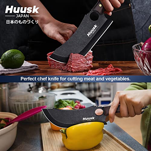 Huusk Japan Knife, Hand Forged Meat Cleaver Knives Japanese Cooking Black Butcher Knife for Meat Cutting Full Tang Cleaver Knife for Kitchen, Camping Thanksgiving Christmas Gifts