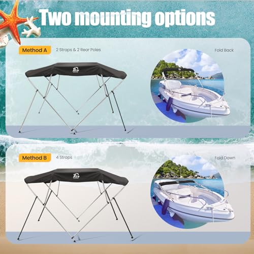XGeek Bimini Top,3Bow/4Bow Bimini Tops Cover for Boats,Jon Boat Canopy,Ideal for Most Vessels with Rear Support Pole and Storage Boot