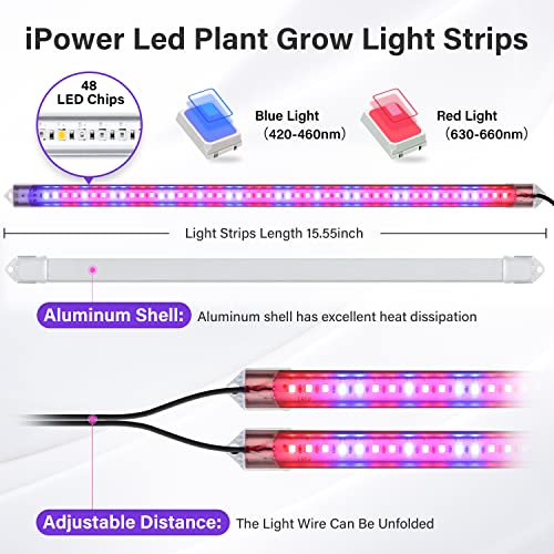 iPower LED Grow Light Strips Full Spectrum for Indoor Plants with Auto ON/Off 4/8/12H Timer, 5 Dimmable Levels Per Tube, Sunlike Grow Lamp for Hydroponics Succulent, 1 Pack, Yellow, 2 Tubes