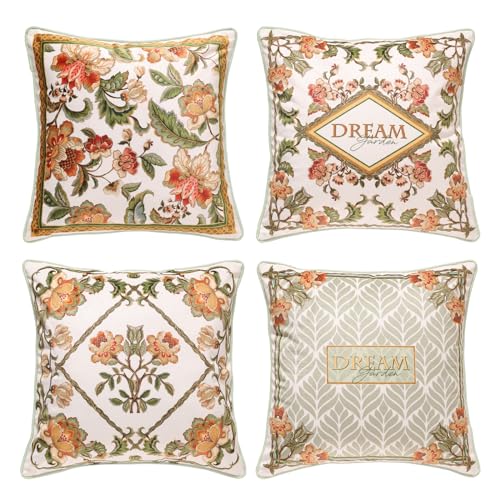 patdrea Designer Pack of 4 Idyllic Throw Pillow Covers 18x18 Inch,Green Vine Velvet with Dreamy Floral Collection Pattern,Decorative Square Pillowcases Cushion for Bed Living Room Outdoor Car