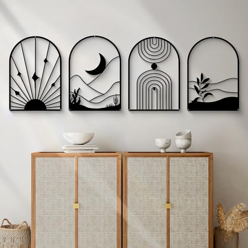 Glamativity 4 Pack Boho Black Abstract Metal Wall Art, Minimalist Décor Bohemian Line Art Décor, Geometric Line Sun Moon Arch Leaf, 3D Textured Sculptures, for Living Room Bedroom Bathroom Study (Black, M Size 17 x 12'')