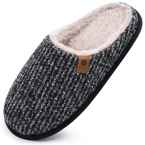 ONCAI Mens Fadeblue Knit Stripes Cozy Memory Foam Scuff Slippers Slip On Warm House Shoes Indoor/Outdoor With Best Arch Surpport Size 8